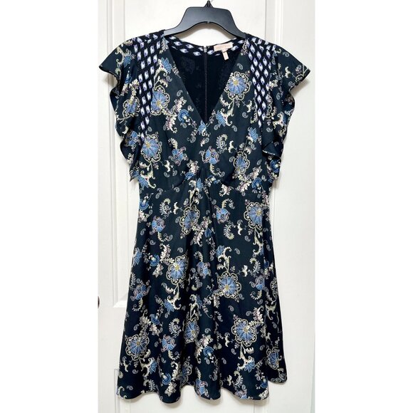 New Rebecca Taylor Ruffle Sleeve Paisley Silk Blend A-line Dress Black Combo 4 - Picture 6 of 14